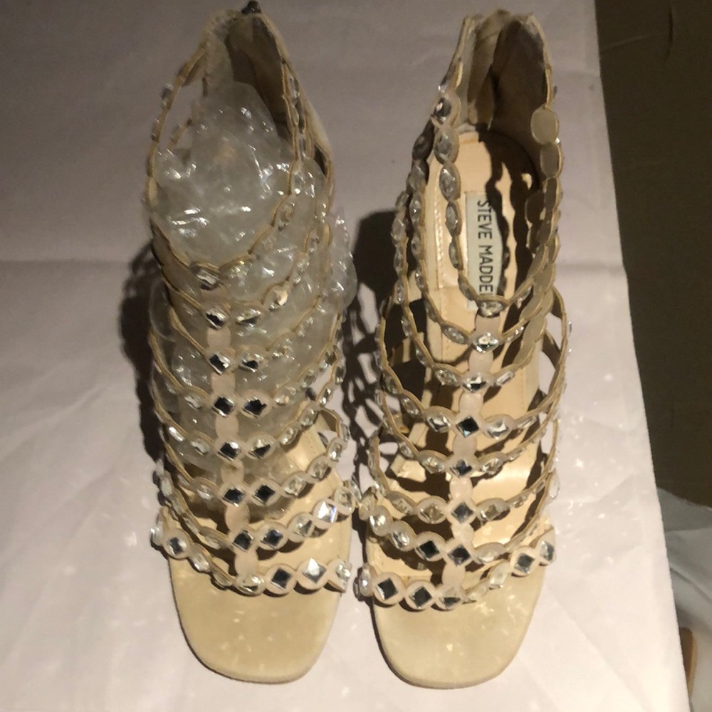 Suede gladiator style heels with zip back and rhinestones size 8.5